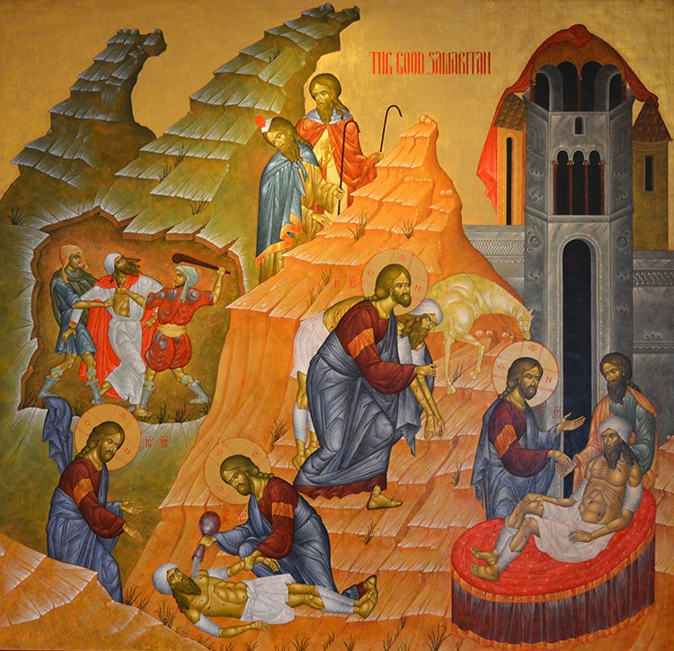 An artist's rendering of the parable of the Good Samaritan, showing various scenes from the Gospel passage.